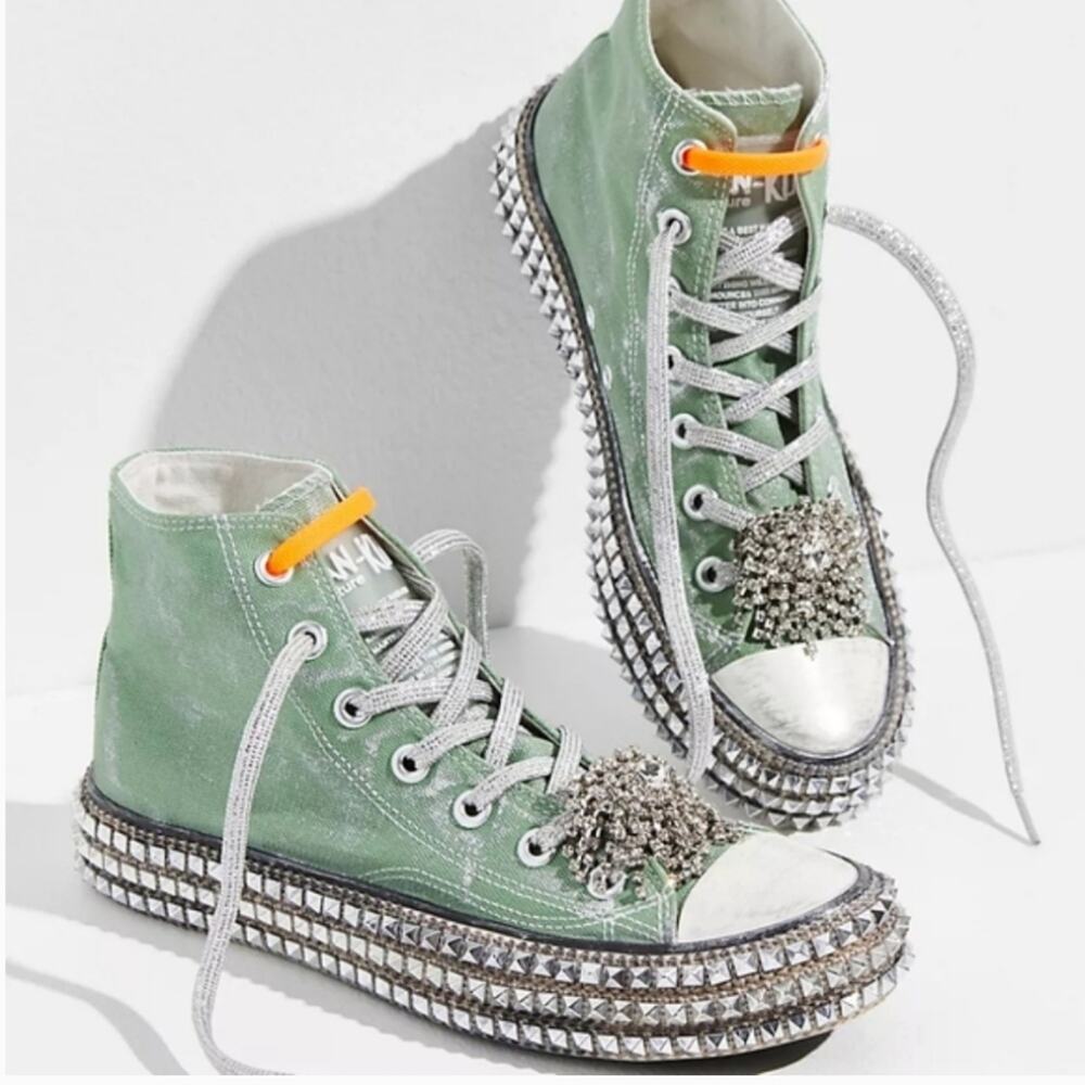 Nan-Ku Couture x Free People Cruise Studded Aloe Green High-Top Sneakers Size 38 - Picture 2 of 11